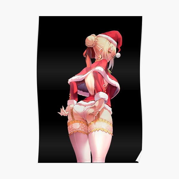 Nero Claudius, Red Saber from Fate Extra anime manga. Sexy New year christmas dress, Ecchi pack of stickers, black background. Poster