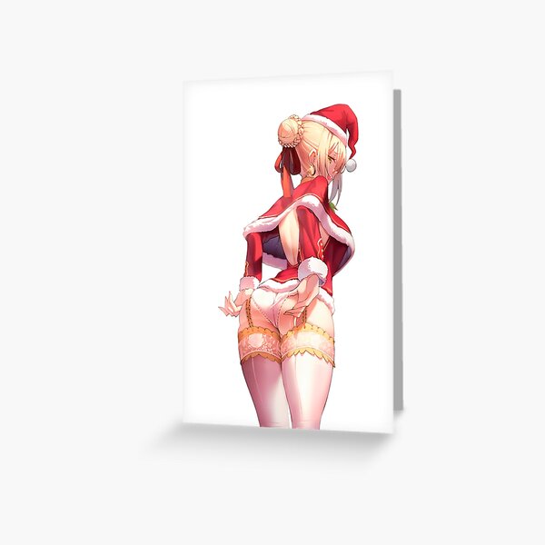 Nero Claudius, Red Saber from Fate Extra anime manga. Sexy New year christmas dress, Ecchi pack of stickers, white background. Greeting Card