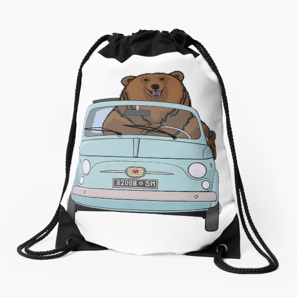Ours dans une Fiat 500 vintage bleu pâle Sac à cordon