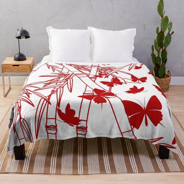 Item preview, Minimalist Floral Line Art Pattern With Bambu Leaves & Butterfly Design | Red And White designed and sold by ukoko.