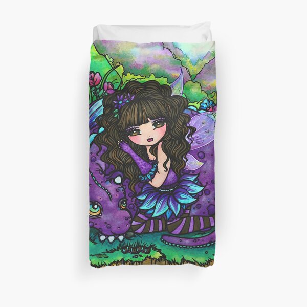 Fairy Girl and Dragon Whimsical Nature Scene Fantasy Art Duvet Cover