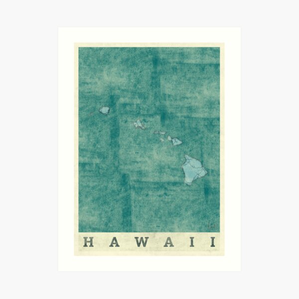 Hawaii State Map Blue Vintage Art Print
