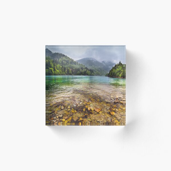 Lake in mountains, in a rainy day Acrylic Block