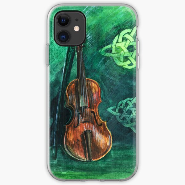 Irish violin (fiddle) on emerald background with celtic ornament iPhone Soft Case