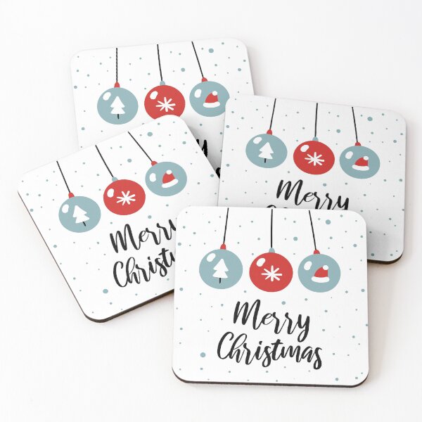Item preview, Merry Christmas card with cute glass balls, fur tree, Santa hat, snowflakes, text. designed and sold by MangoFun.