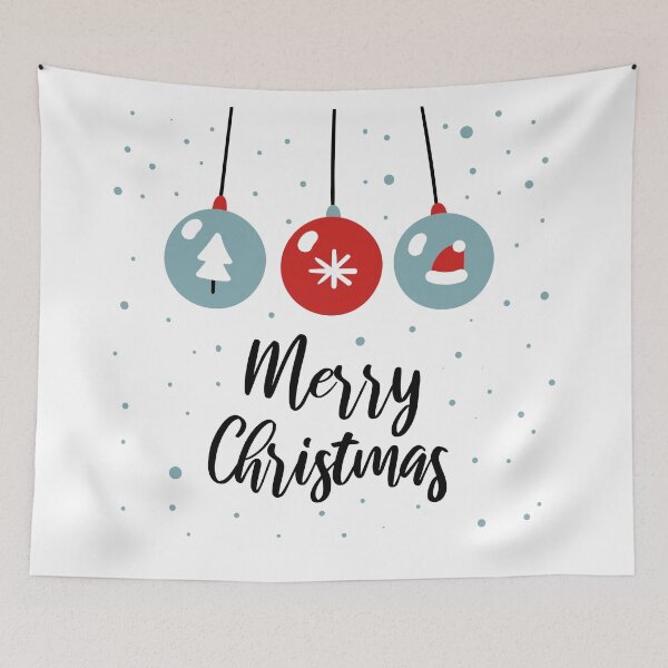 Item preview, Merry Christmas card with cute glass balls, fur tree, Santa hat, snowflakes, text. designed and sold by MangoFun.