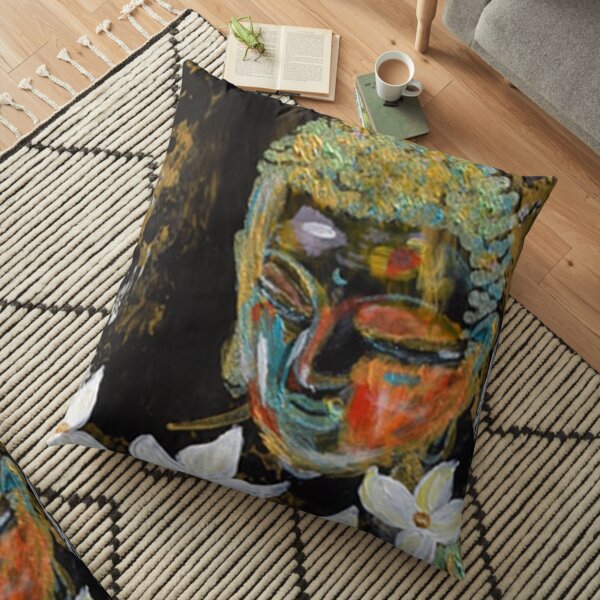 Buddha Zen Girl Black Abstract Art White Lillies By Concetta Ellis Floor Pillow