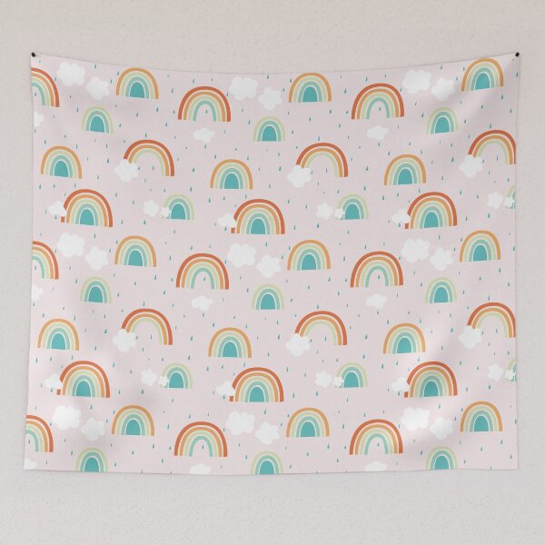 Item preview, Rainbows Clouds Rain and Blue Skies - Pink Background designed and sold by LouiseFranksArt.