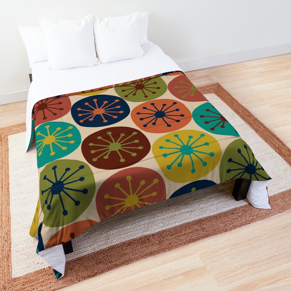 Atomic Retro Dots - Midcentury Modern Pattern in Mid Mod Turquoise, Olive Green, Mustard, Orange, Blue, and Beige Comforter