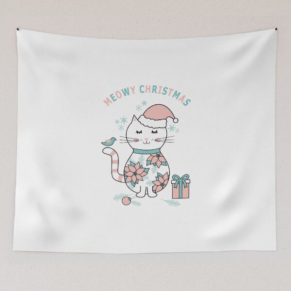 Item preview, Meowy Christmas Pink Poinsettia Kitty with Little Bird Friend designed and sold by CoralFoxDesigns.