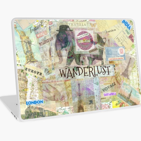 Wanderlust travel quote elephant and vintage travel illustrations Laptop Skin