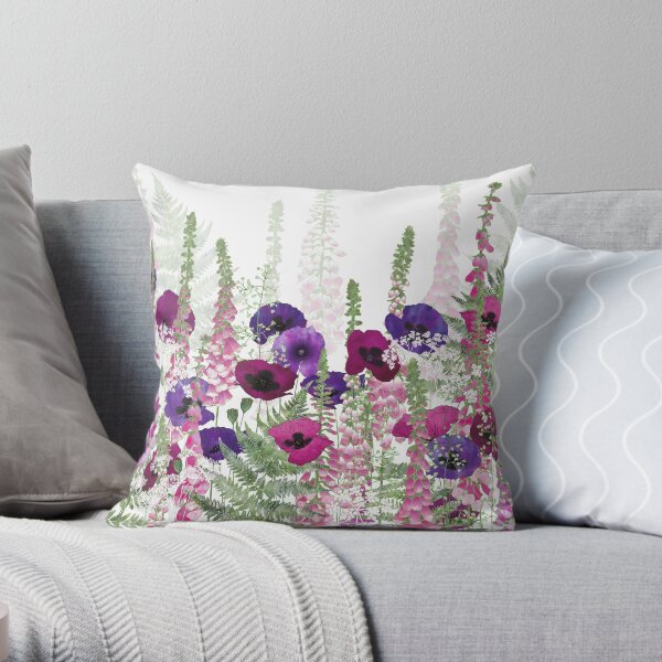 Purple Poppies, Pink Foxgloves & Ferns Throw Pillow