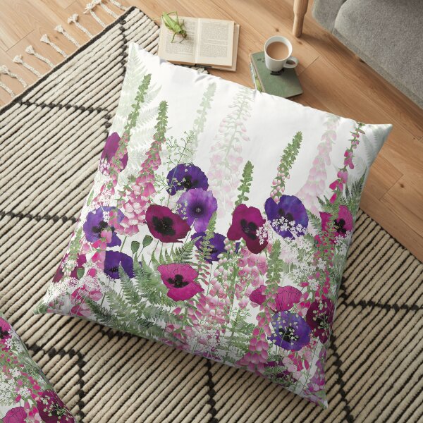 Purple Poppies, Pink Foxgloves & Ferns Floor Pillow