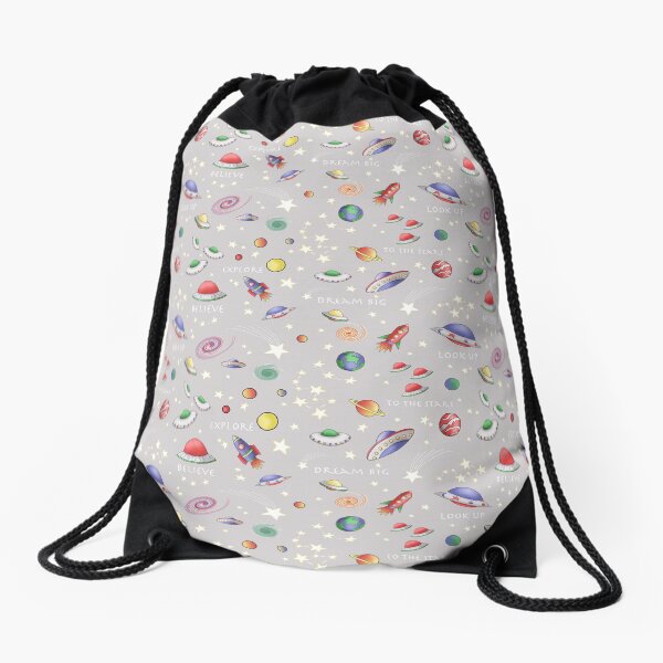 Grey UFO Design Drawstring Bag