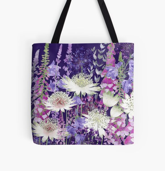 Flower Garden - Astrantia, Campanula, Harebells, Foxgloves & Alliums All Over Print Tote Bag