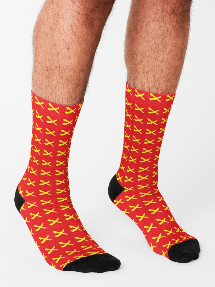 Yellow cross on bright red color Socks for Sale by tresapink