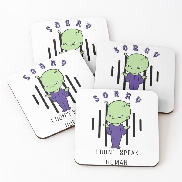 Item preview, Sorry I Don't Speak Human, Cute Tiny Alien, Green Extraterrestrial in a Purple Jumpsuit Shrugging, Sciencefictionart designed and sold by Black11Flamingo.