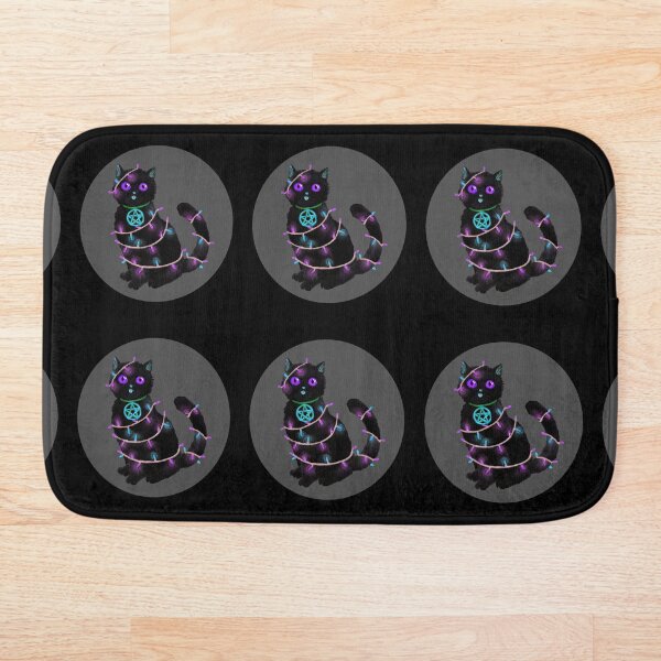 Cat Christmas fairy lights with gray circle Bath Mat