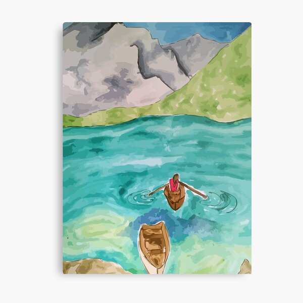 Watercolor Kayaking in the Mountains Metal Print