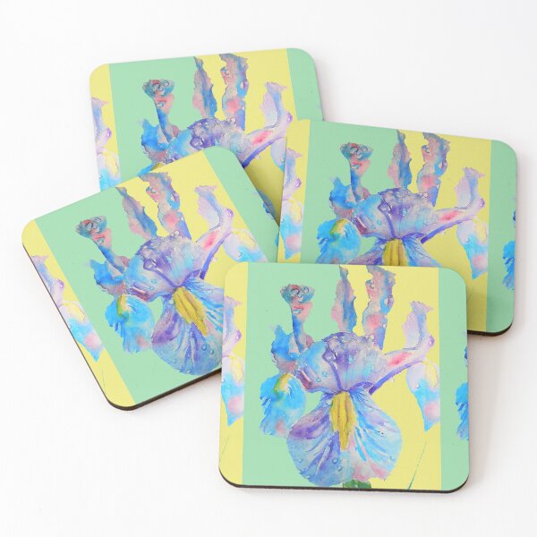 Item preview, Iris Watercolor Painting - Blue with Raindrops - on Yellow and Mint designed and sold by Sarah  Rajkotwala.
