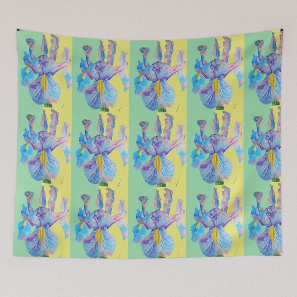 Item preview, Iris Watercolor Painting - Blue with Raindrops - on Yellow and Mint designed and sold by Sarah  Rajkotwala.