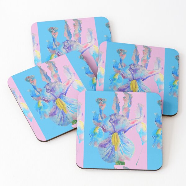Item preview, Iris Watercolor Painting - Blue with Raindrops - on Pink and Blue designed and sold by Sarah  Rajkotwala.