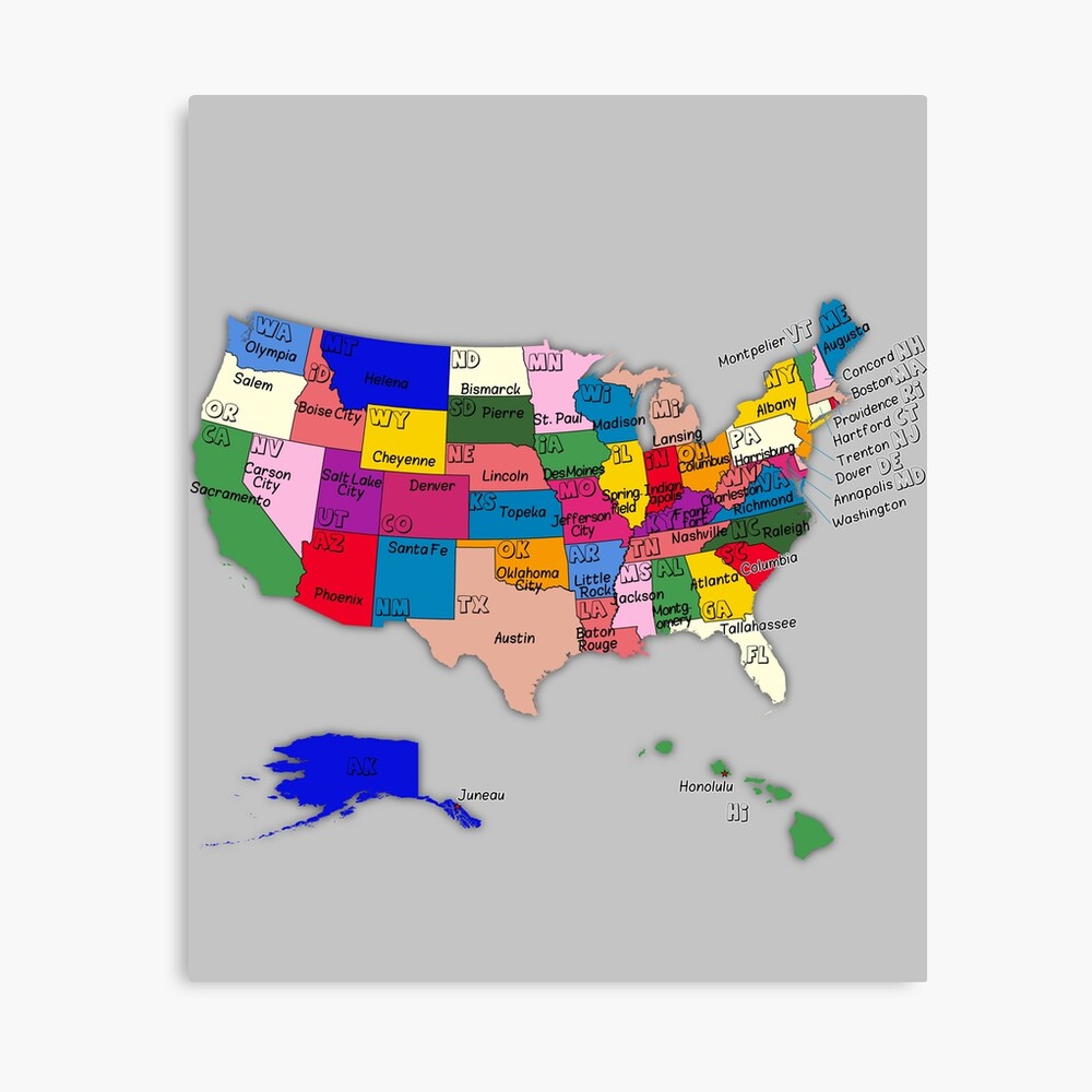 Lámina fotográfica «Colorido mapa administrativo de estados unidos con  nombres de estados y capitales» de mashmosh | Redbubble