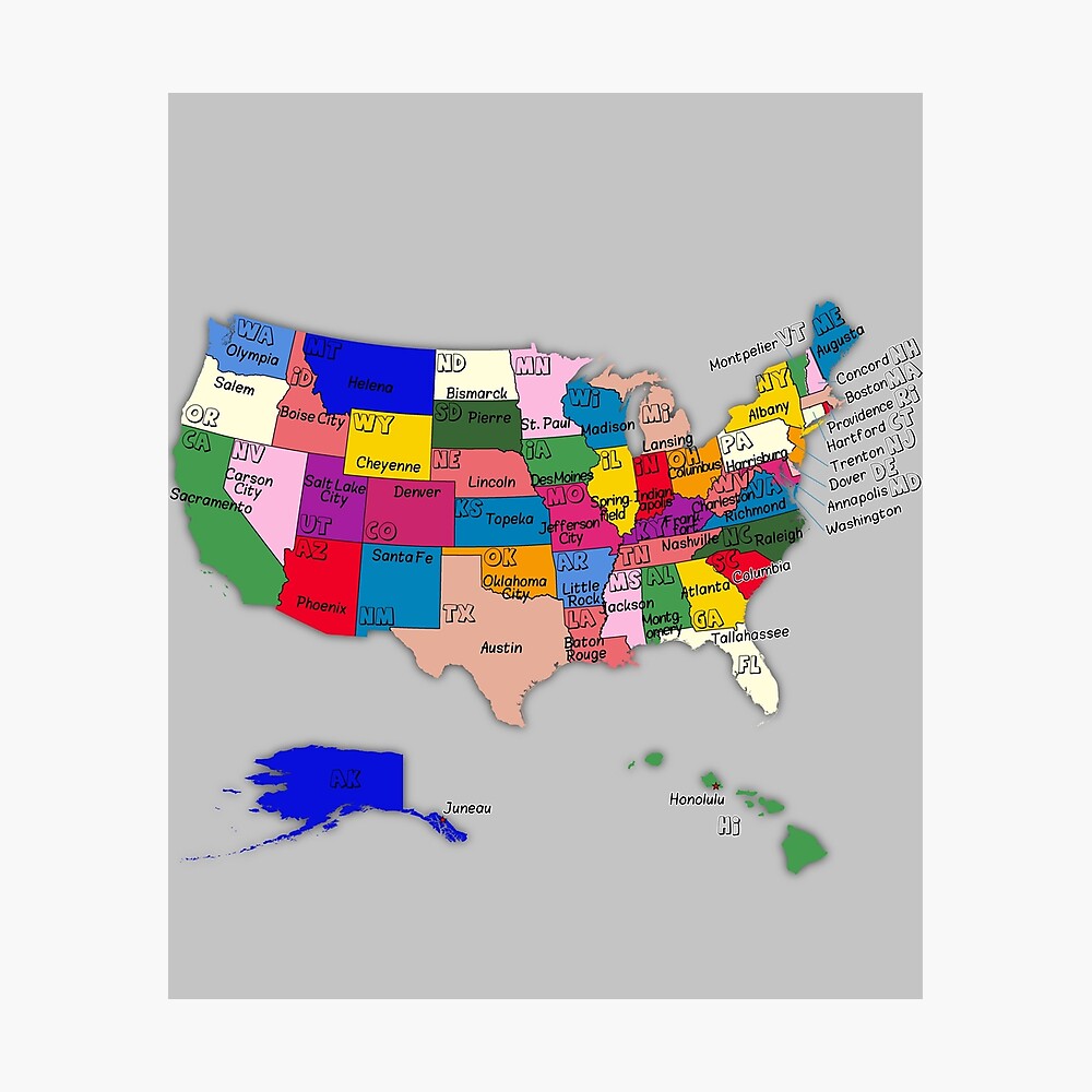 Usa Map With State Names And Capitals Colorful United States Administrative Map With States And Capitals Names"  Poster For Sale By Mashmosh | Redbubble