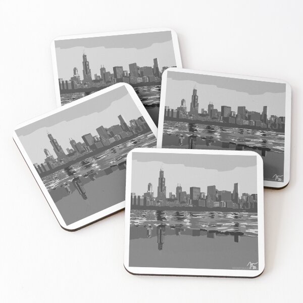 Grayscale Full Chicago Skyline Coasters (Set of 4)