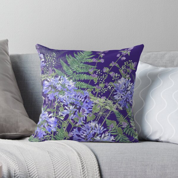 Agapanthus, Catmint, Ferns (Bracken) & Ammi Throw Pillow