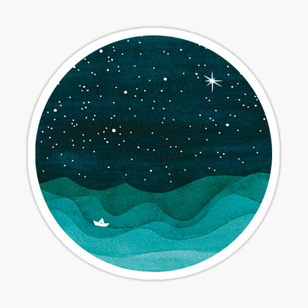Starry Ocean, teal sailboat watercolor sea waves night Sticker