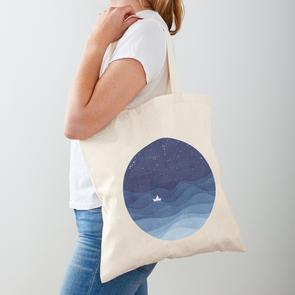 blue ocean waves, sailboat ocean stars Tote Bag