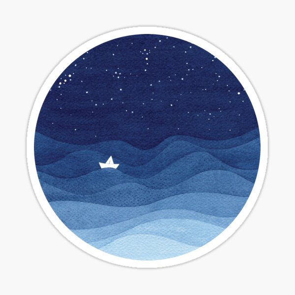 blue ocean waves, sailboat ocean stars Sticker