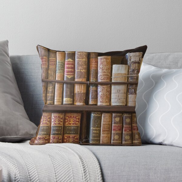 Old books on shelf Throw Pillow