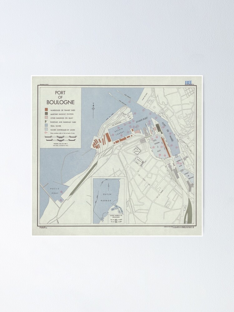 Port of Boulogne, France - Vintage 1944 Historical Map