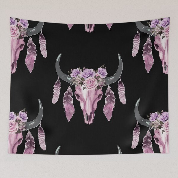 Item preview, Pink Cow Skull and Crown leaves and butterflies designed and sold by Collagedream.