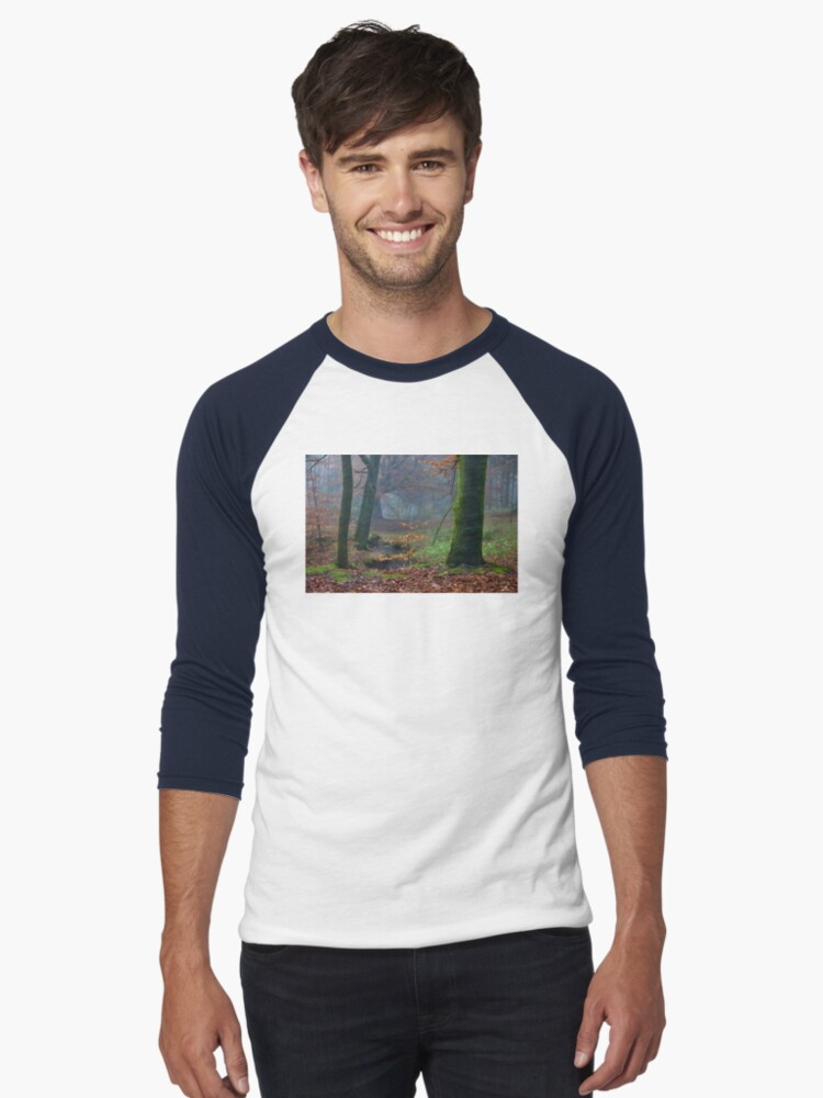 Thumbnail 1 of 3, Baseball ¾ Sleeve T-Shirt, Moody Autumnal Woodland designed and sold by McBay.