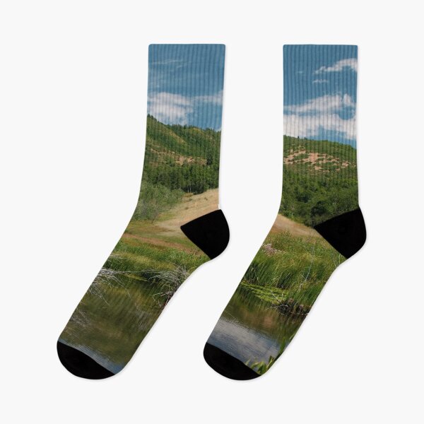 Artikelvorschau, Sommerbergeszene mit Bäumen, Gras, Pflanzen, Wasser, blauem Himmel und Wolken entworfen und verkauft von Ventures1.