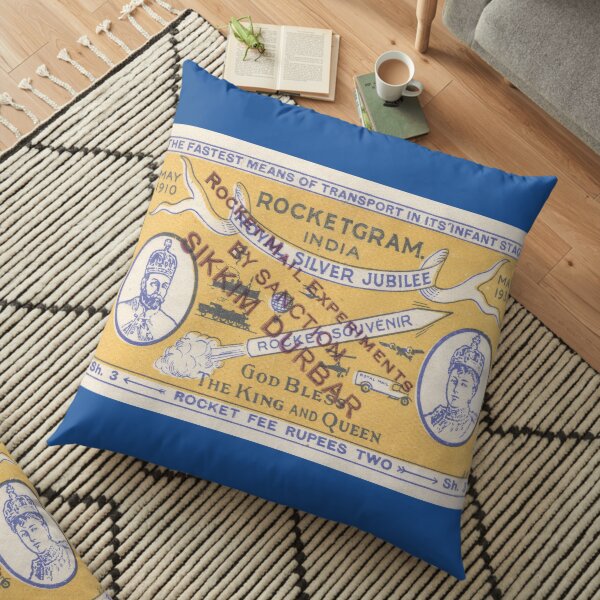 1935 Rocket mail - vintage India mail label - Sikkim Durbar Floor Pillow