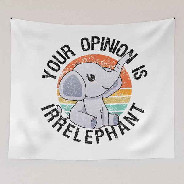 Item preview, Distressed "Your Opinion Is Irrelephant" cute elephant with retro sunset designed and sold by Happy Puppy Print On Demand.