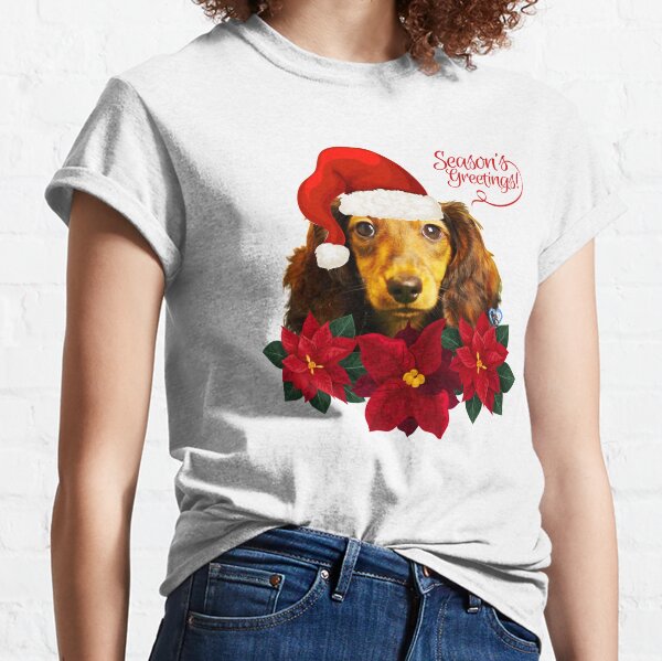 Christmas Live Dachie Red Santa Hat Poinsettias dtt Classic T-Shirt