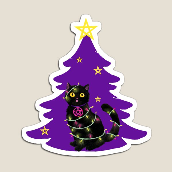 Katze Weihnachten Lichterkette mit lilanem Weihnachtsbaum Magnet
