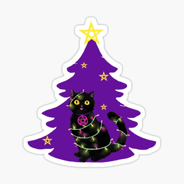 Katze Weihnachten Lichterkette mit lilanem Weihnachtsbaum Sticker