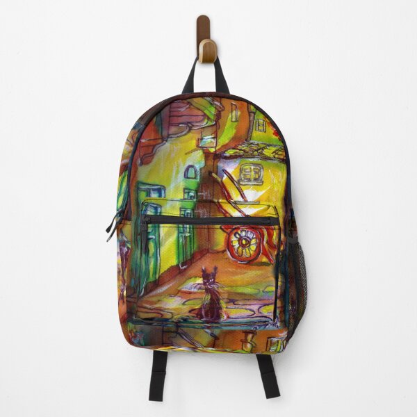 Item preview, MEDIEVAL ALLEY BY NIGHT IN FLORENCE WITH BLACK CAT AND RED WHEELBARROW designed and sold by BulganLumini.