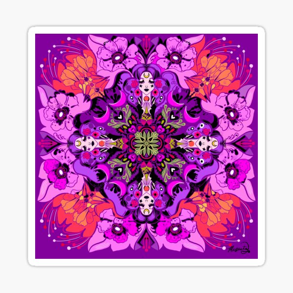 Modern Floral Mandala Art Nouveau design Purple Magenta Pink Orange Sticker