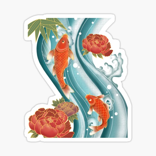 Item preview, Koi Fish Carp Swimming Peony Flower Chinese Japanese Art designed and sold by Wangfu-tees.