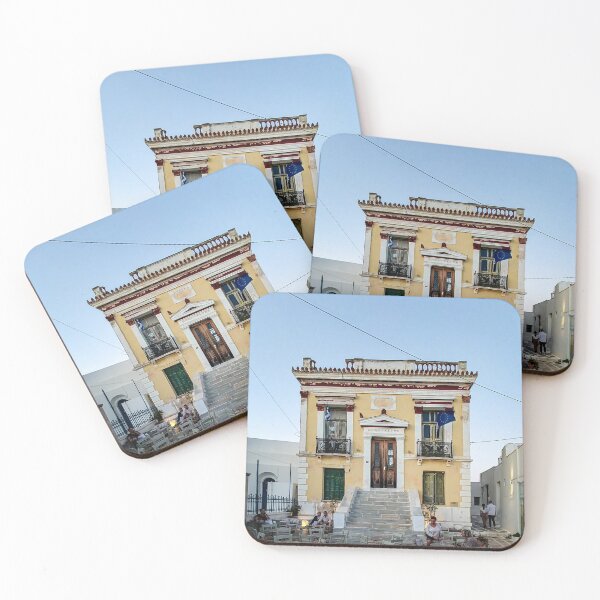 Item preview, Serifos Chora Town Hall Square Pano Piatsa Serifos Island Cyclades Greece colorful yellow classic neoclassical architecture designed and sold by am-mantilla2156.