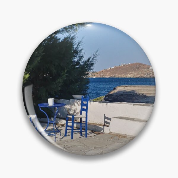 Item preview, typical greek blue outdoor seating coffee cafe view sea island greece traditional cute scene  designed and sold by am-mantilla2156.