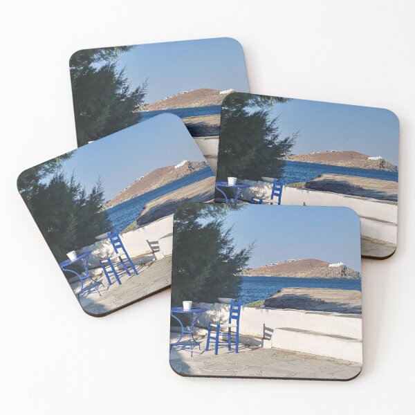 Item preview, typical greek blue outdoor seating coffee cafe view sea island greece traditional cute scene  designed and sold by am-mantilla2156.