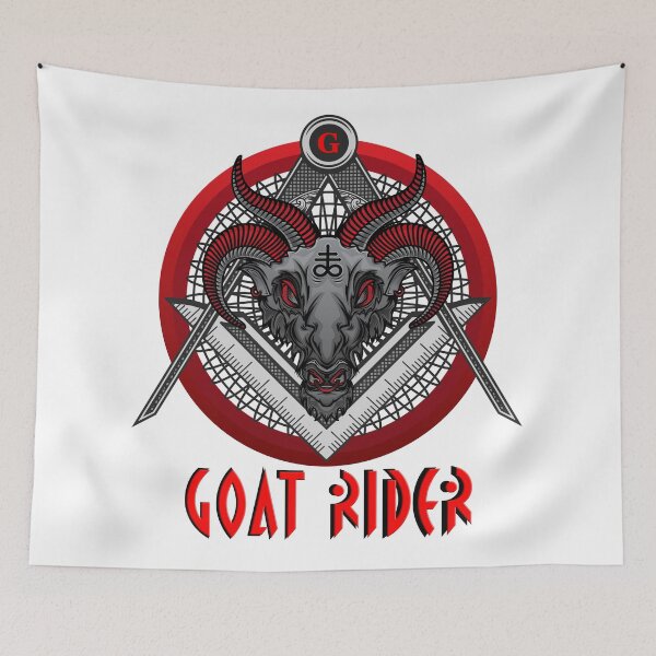 Item preview, GOAT RIDER Black Baphomet Goat Head over Compass and Square in a Red Circle with a Red G designed and sold by Ataraxia  Apparel.